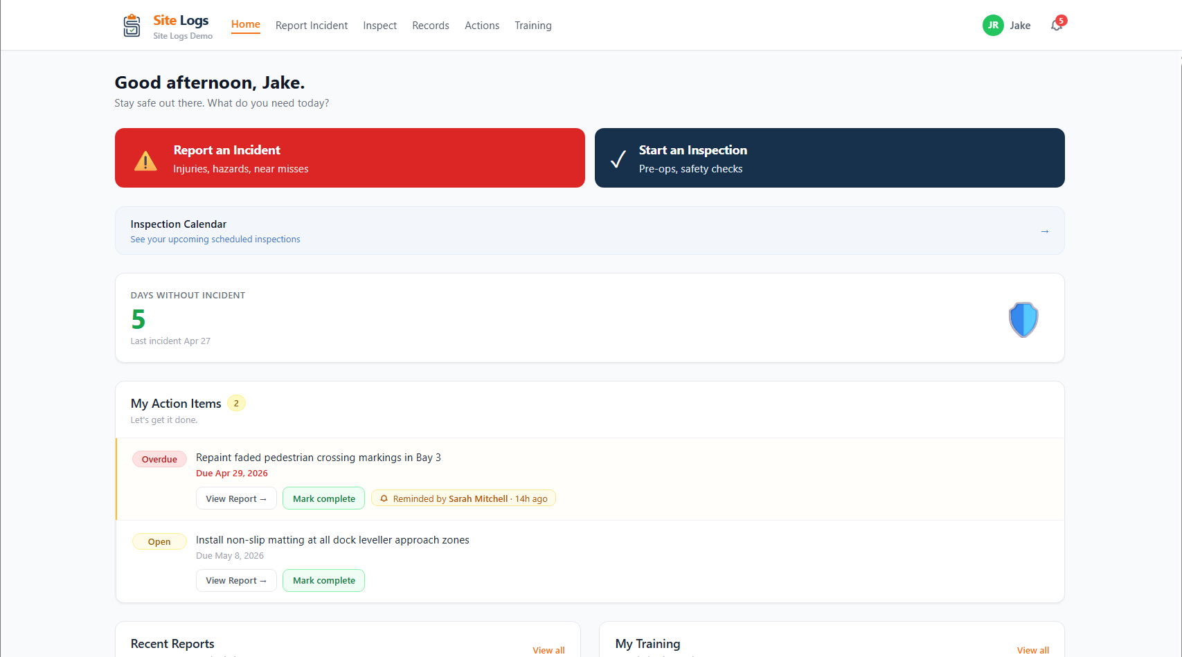 Site Logs dashboard